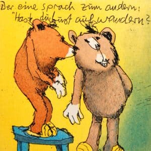 Janosch Der eine sprach zum andern, hast du Lust zu wandern? Farbradierung Auflage 6/199 Maße 35 x 35 cm mit Passepartout