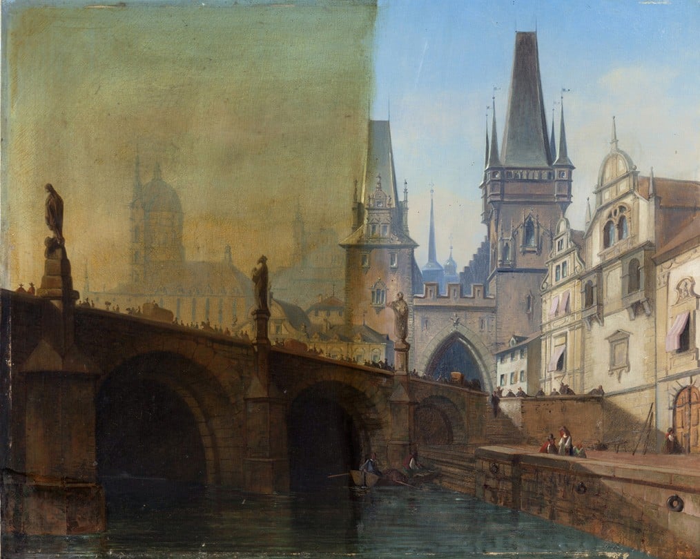 Karlsbrücke in Prag, Öl auf Leinwand, Gemälde aus dem 18. Jahrhundert, halbseitig gereinigt