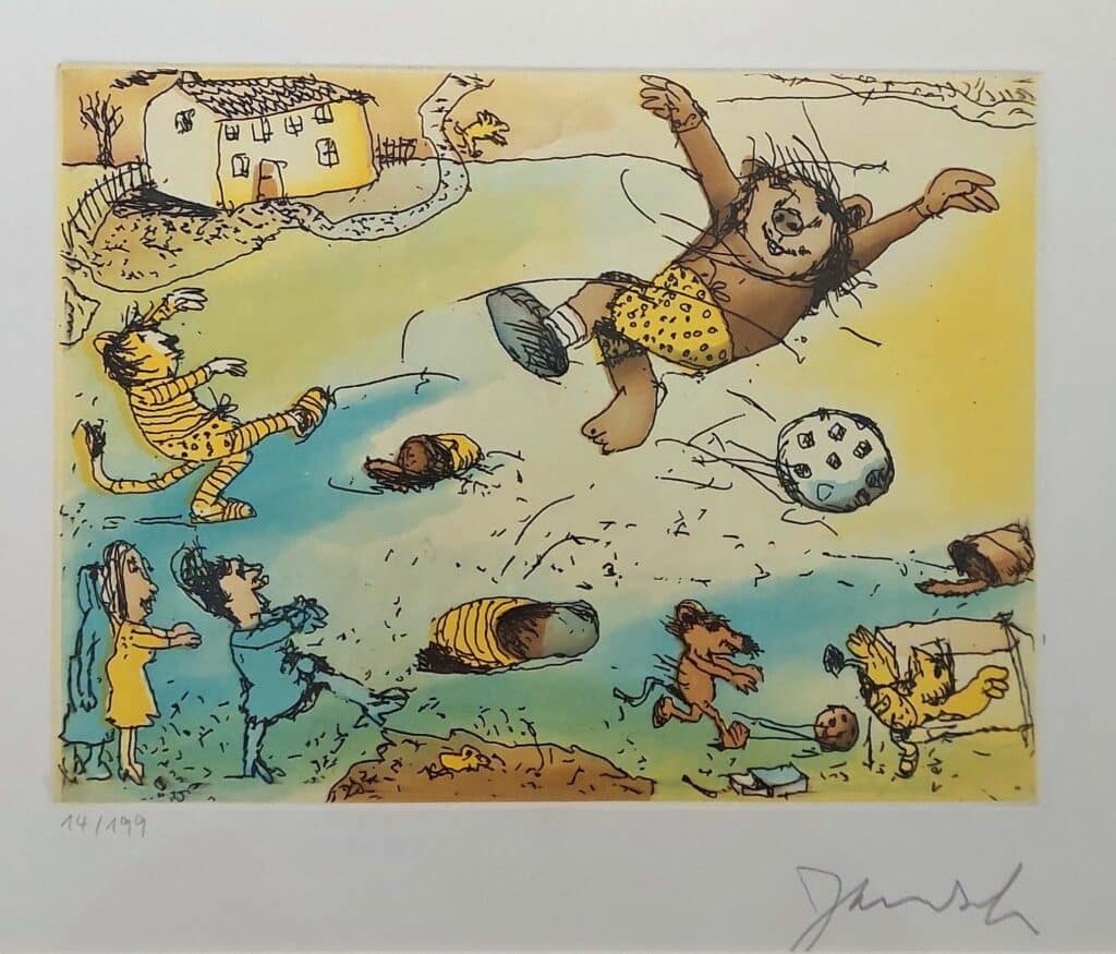 Janosch 1 zu 12 und knapp daneben Farbradierung Auflage 199 Exemplare mit Passepartout 40 x 50 cm
