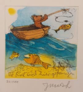Janosch Der Fisch wird gefangen Farbradierung Auflage 199 Exemplare mit Passepartout 35 x 35 cm