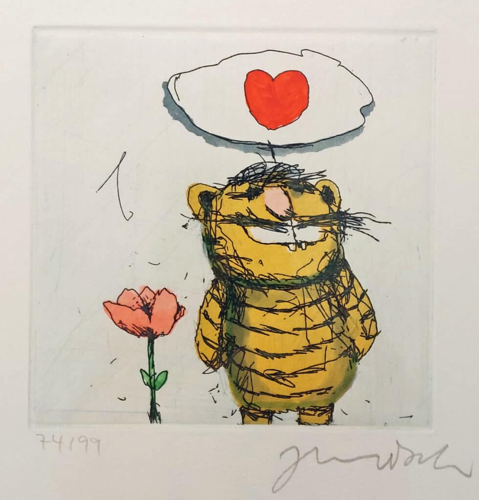 Janosch Tiger mit Herz Farbradierung Auflage 99 Exemplare mit Passepartout 35 x 35 cm