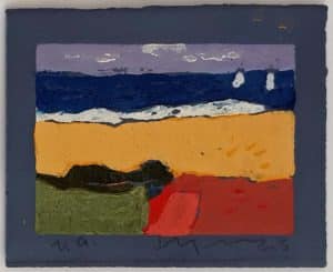 Klaus Fußmann Segler und Weizenfeld vor Ostsee Linoldruck 12 x 15 cm Auflage e.a.