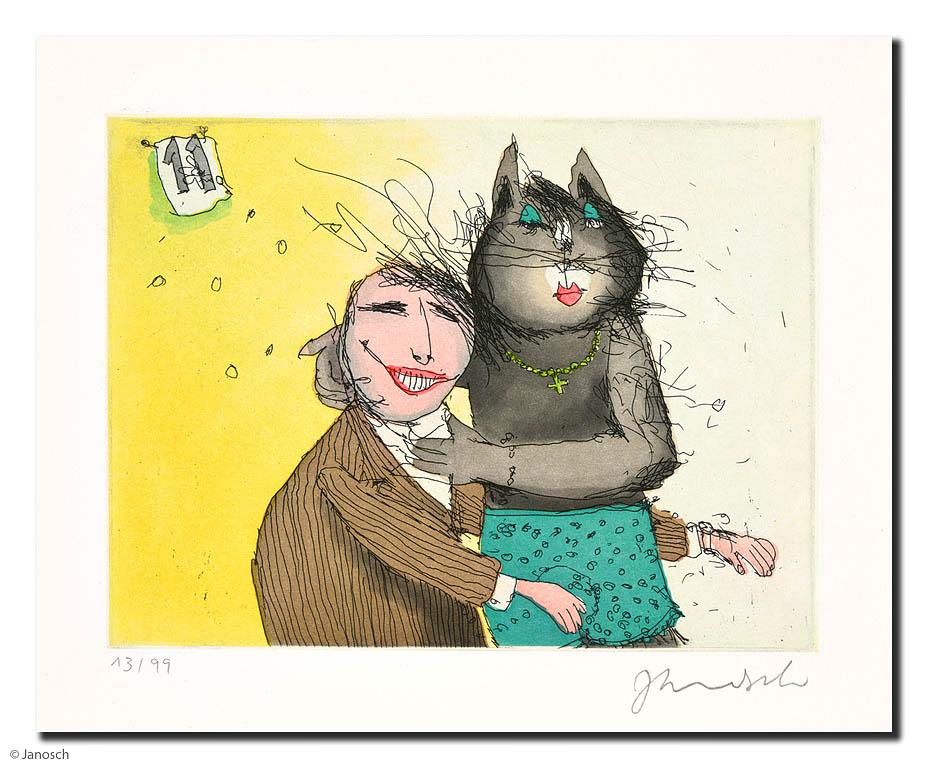 Janosch Katze Nr. 11 Farbradierung Auflage 99 Ex. mit Passepartout 40 x 50 cm