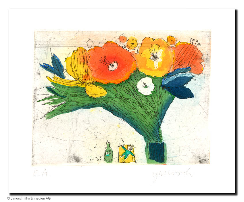 Janosch Blumenstrauß Farbradierung Auflage e.a. mit Passepartout 40 x 50 cm