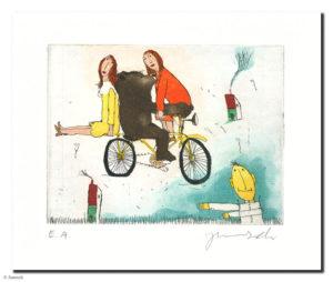 Janosch Zwei Schwestern mit Fahrrad Farbradierung Auflage 95 Ex. Blattmaß ca. 36 x 380 cm