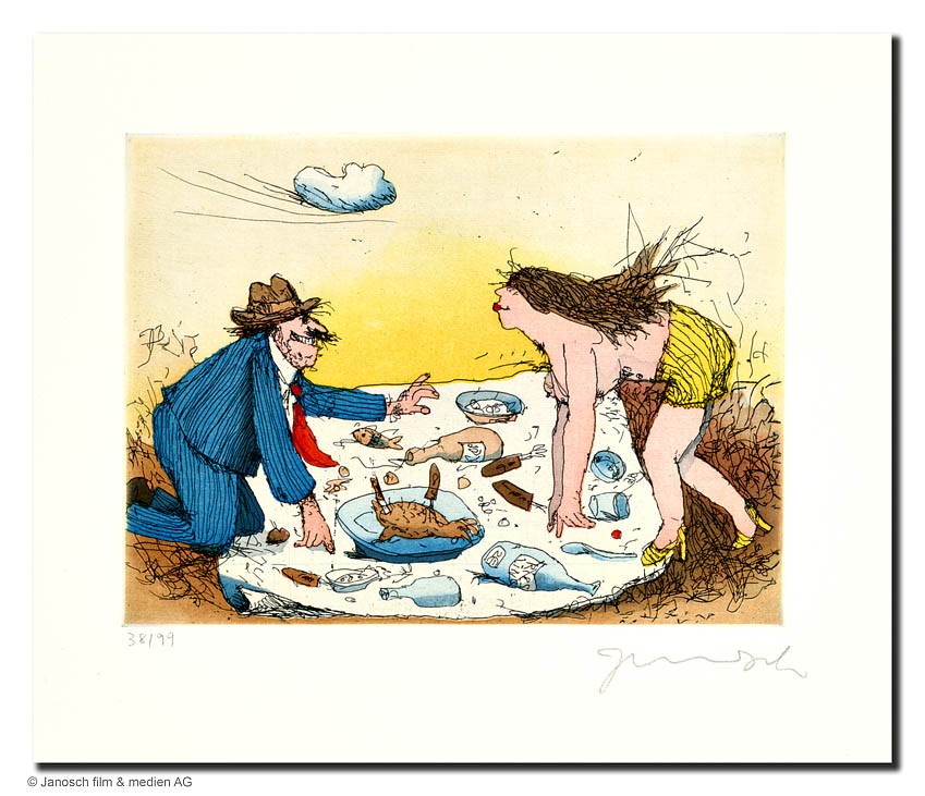 Janosch Picknick mit Lydia Farbradierung Auflage 99 Ex. mit Passepartout 40 x 50 cm