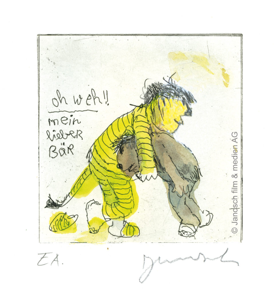 Janosch Oh Weh mein lieber Bär Farbradierung Auflage 199 Ex. mit Passepartout 35 x 35 cm