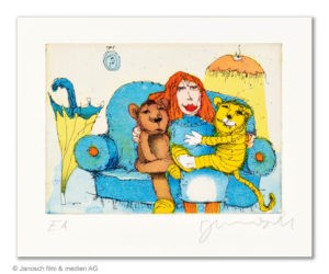 Janosch Da saßen sie zusammen auf dem Sofa Farbradierung Auflage 199 Ex. mit Passepartout 30 x 40 cm