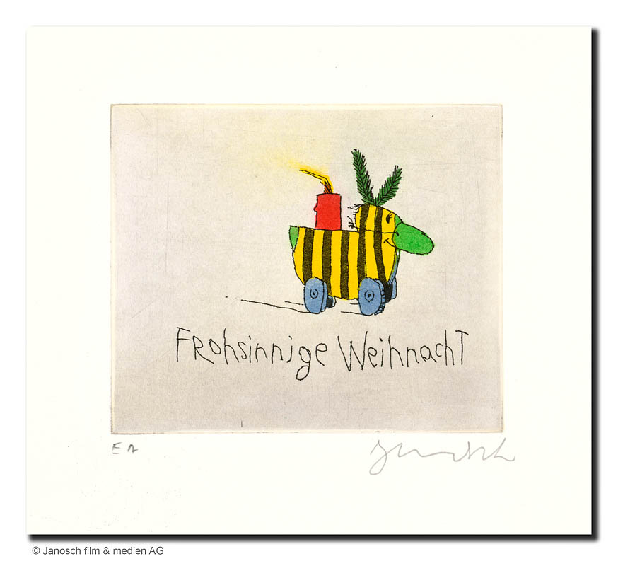 Janosch Frohsinnige Weihnacht Farbradierung Auflage e.a. mit Passepartout 35 x 35 cm