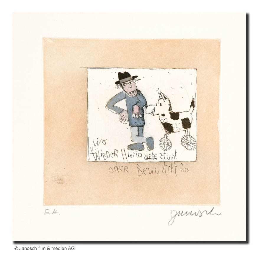Janosch Herr Beuys und mein Hund Farbradierung Auflage e.a. mit Passepartout 35 x 35 cm