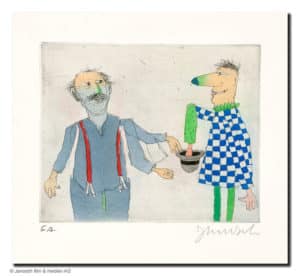 Janosch Ich und Kasper gelb-schwarz Farbradierung Auflage e.a. mit Passepartout 40 x 50 cm