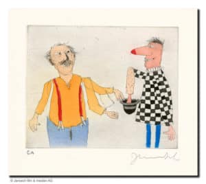 Janosch Ich und Kasper gelb-schwarz Farbradierung Auflage e.a. mit Passepartout 40 x 50 cm