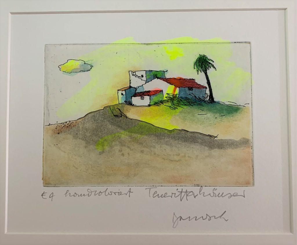 Janosch 4 Häuser und eine Palme handkolorierte Radierung im Echtgoldrahmen 30 x 40 cm (C) Janosch film & medien AG