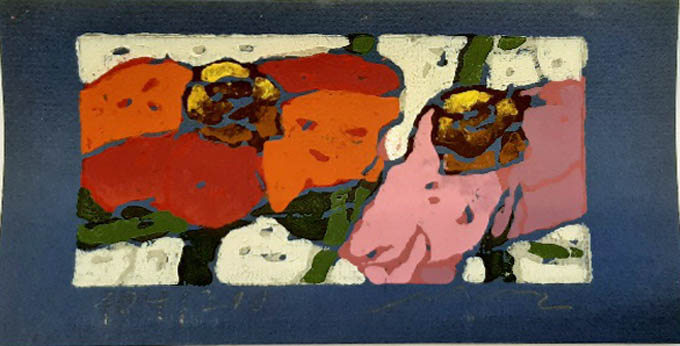 Klaus Fußmann Rosen rot-lila Linoldruck 9,5 x 18 cm Auföage 200 Ex.