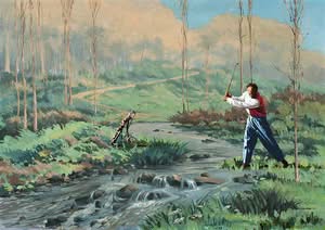 Golfer im Bach schlägt Ball, Jub Mönster ... dafür zeigt sich der Wind gnädig und bläst für dortige Verhältnisse nur sehr dezent Acryl und Öl auf Holz 65 x 92 cm Unikat