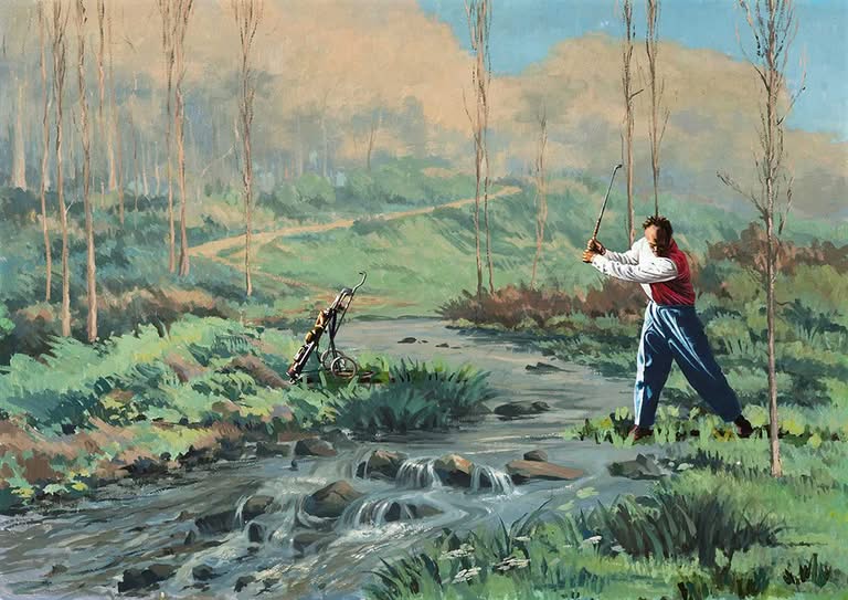 Golfer im Bach schlägt Ball, Jub Mönster ... dafür zeigt sich der Wind gnädig und bläst für dortige Verhältnisse nur sehr dezent Acryl und Öl auf Holz 65 x 92 cm Unikat