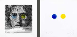 SAXA John Lennon - Sprachlos Ukraine Diptychon Mixed Media/Pigmentdruck auf Karton je 20 x 20 cm signiert und datiert Overpainting