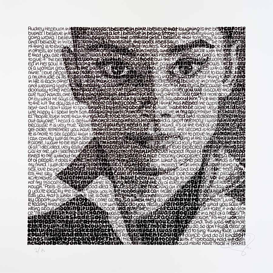 SAXA Audrey Hepburn Siebdruck auf Hahnemühle-Karton 60 x 60 cm signiert und nummeriert Auflage 80 Exemplare