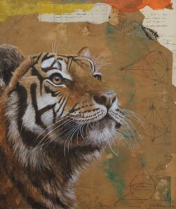 Unikat des Künstlers Wolfgang Zelmer in Mischtechnik auf Leinwand zeigt naturalistisch gemalten Kopf eines Tigers in Seitenansicht mit geometrischen mystisch anmutenden Symbolen am rechten Bildrand Höhe 60 cm Breite 50 cm Unikat