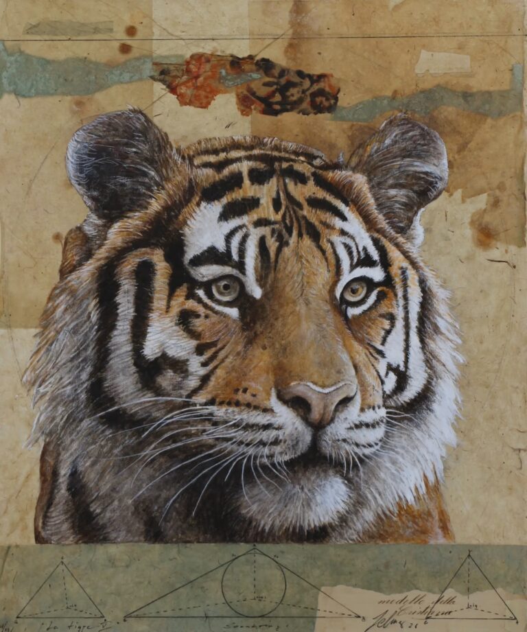 Unikat des Künstlers Wolfgang Zelmer in Mischtechnik auf Leinwand zeigt naturalistisch gemalten Kopf eines Tigers in Frontalansicht mit geometrischen mystisch anmutenden Symbolen am unteren Bildrand Höhe 60 cm Breite 50 cm Unikat