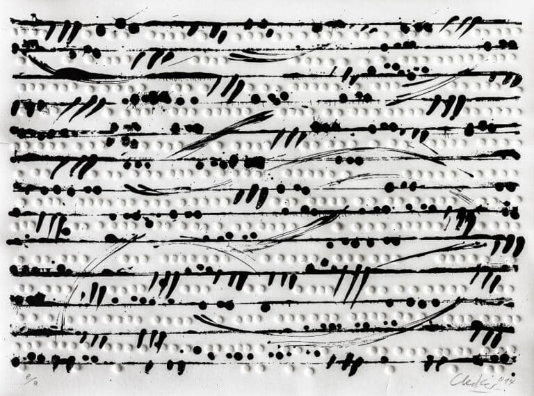Günther Uecker Optische Partitur I, 2014 Prägedruck und Lithografie Maße 66,5 x 90 cm