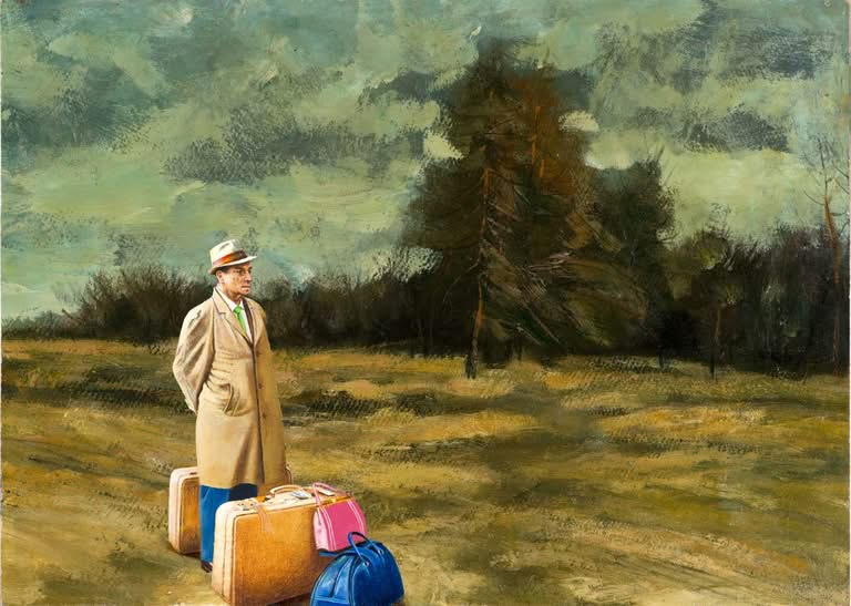 Mann mit Gepäck im Freien, Jub Mönster Auf den Spuren extremer Emotionen Öl auf Pappe 44 x 62 cm Unikat