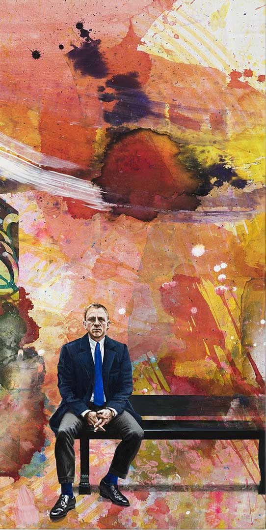 Mann sitzt auf Bank, Jub Mönster Artfall Acryl auf Leinen 100 x 50 cm Unikat