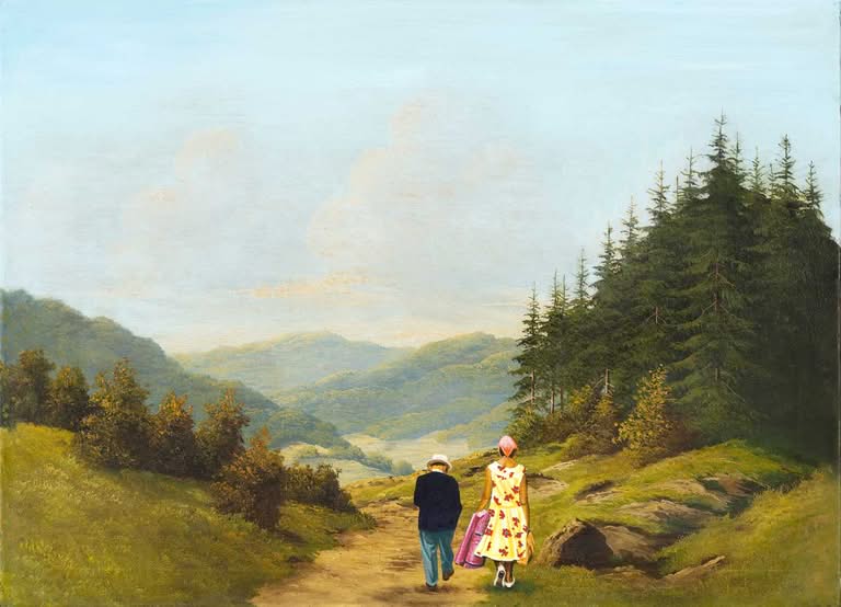 Paar auf Bergpfad wandernd, Jub Mönster Er kam in das Staunen gar nicht mehr rein Öl auf Maltuch 50 x 70 cm Unikat