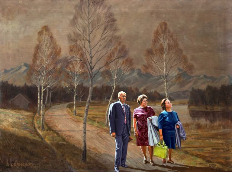 Menschen gehen auf Feldweg vor Berglandschaft, Jub Mönster Himmlisch genießen kann man in Ettlingen den Herbst Öl auf Leinen 60 x 70 cm Unikat