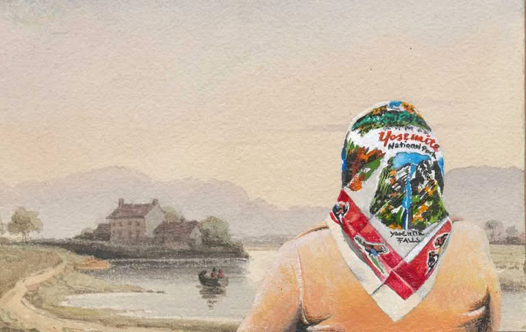 Frau mit Yosemite-Kopftuch, Jub Mönster Home from Home (1) Aquarell auf Papier 10,8 x 16,4 cm Unikat