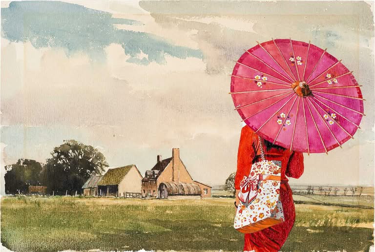 Frau mit Sonnenschirm und Tasche vor Farm, Jub Mönster Home from Home (10) Aquarell auf Papier 38 x 56 cm Unikat