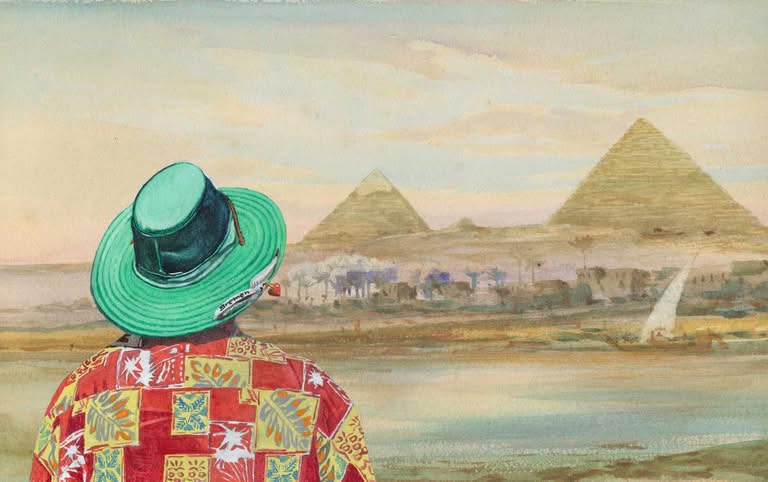 Mann mit Hut vor Pyramiden, Jub Mönster Home from Home Aquarell auf Papier 18,5 x 39,5 cm Unikat