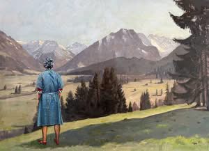Frau blickt auf Alpenpanorama, Jub Mönster Kleiner Beitrag zur Lebensrückblick-Therapie Acryl und Öl auf Leinen 47 x 35 cm Unikat