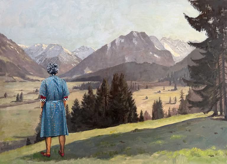 Frau blickt auf Alpenpanorama, Jub Mönster Kleiner Beitrag zur Lebensrückblick-Therapie Acryl und Öl auf Leinen 47 x 35 cm Unikat