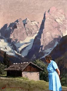 Frau mit Bergpanorama-Gemälde, Jub Mönster Kleiner Beitrag zur Lebensrücktheorie Öl auf Leinen 47 x 35 cm Unikat