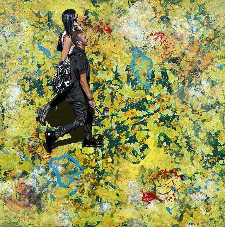 Paar geht durch abstrakte Malerei, Jub Mönster L'Été à Jardin des Plantes Acryl auf Leinen 70 x 70 cm Unikat