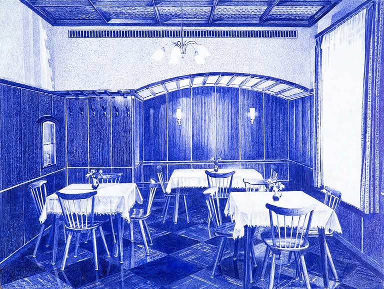 Restaurant mit blauen Stühlen und Tischen, Jub Mönster Raststätte Leutershausen -Die gepflegte Gaststätte an der Bergstraße Montblanc auf Resopal 30 x 40 cm Unikat
