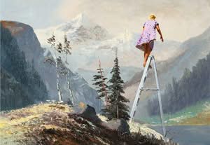 Frau auf Leiter in Bergen, Jub Mönster Selbst nach Jahren fehlte ihr der weite, offene Horizont ihrer ostfriesischen Heimat Acryl und Öl auf Leinen 45 x 65 cm Unikat
