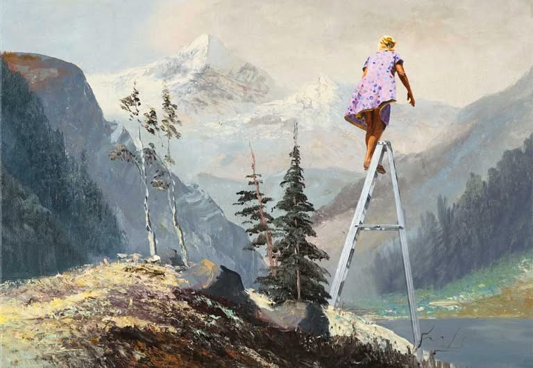 Frau auf Leiter in Bergen, Jub Mönster Selbst nach Jahren fehlte ihr der weite, offene Horizont ihrer ostfriesischen Heimat Acryl und Öl auf Leinen 45 x 65 cm Unikat