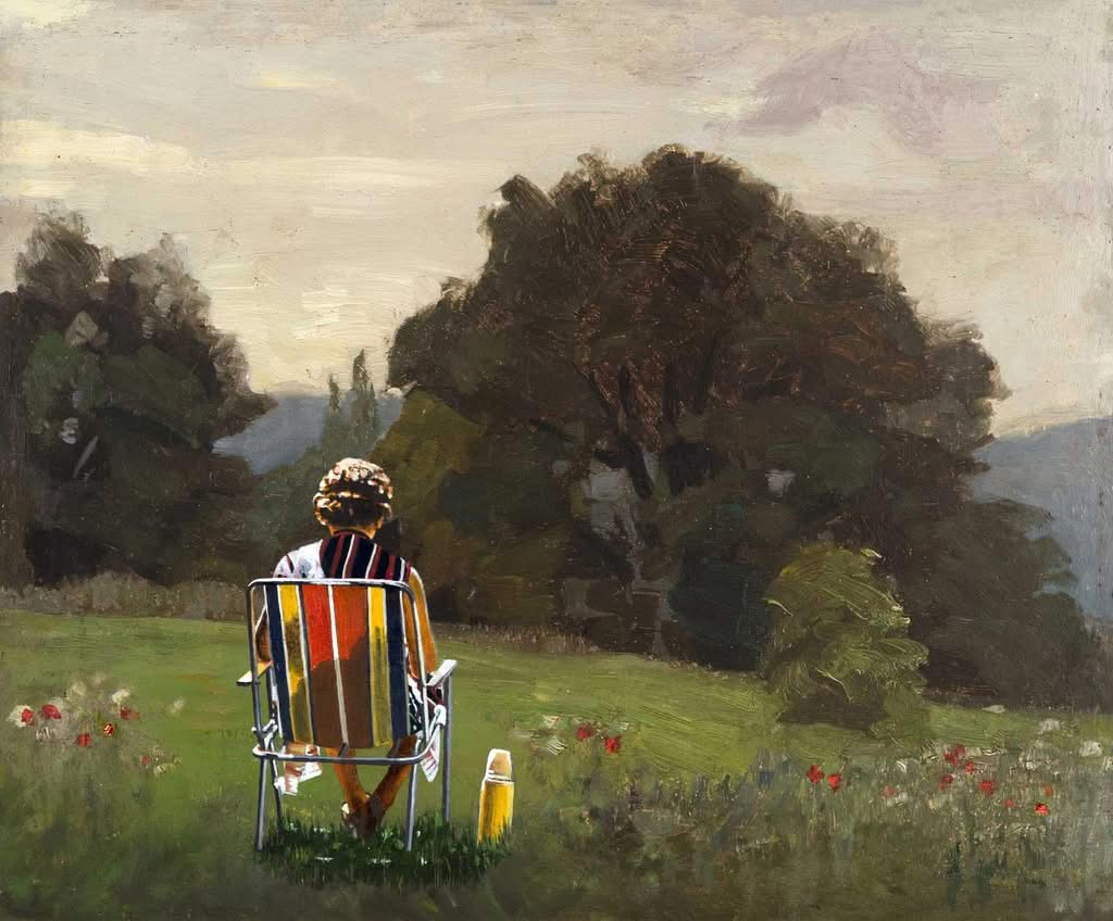 Frau im Stuhl im Garten, Jub Mönster The sun shone, having no alternative, on the nothing new Öl auf Holz 43 x 52 cm Unikat