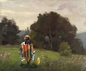 Frau im Stuhl im Garten, Jub Mönster The sun shone, having no alternative, on the nothing new Öl auf Holz 43 x 52 cm Unikat