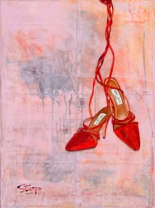 Rote Schuhe mit Band, Jub Mönster These Shoes Are Made For Talking (10) Acryl auf Sperrholz auf Papier auf Leinen 73 x 54 cm Unikat
