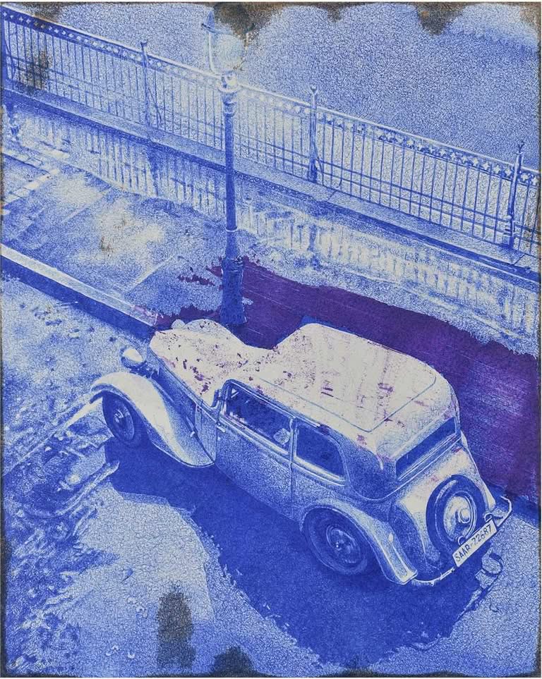Oldtimer unter Straßenlaterne, Jub Mönster Unter der Laterne Montblanc auf lackierter Hartfaser 50 x 40 cm Unikat