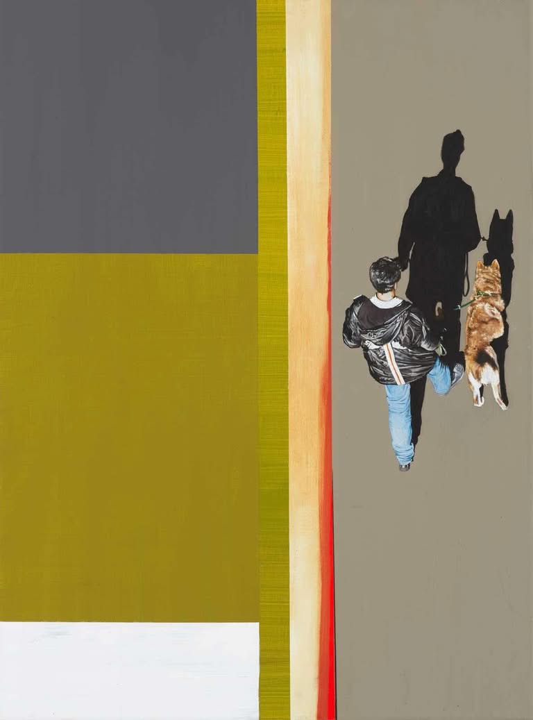 Mann mit Hund und Schatten, Jub Mönster Walkin' the Dog (1) Acryl und Oel/Leinen 73 x 54 cm Unikat