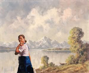 Frau am See mit Bergen, Jub Mönster Sie war einfach kein Typ für Urlaub Öl auf Leinen 50 x 60 cm Unikat
