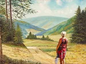Frau blickt auf Berglandschaft, Jub Mönster Sie war keine Elizabeth die Zweite Öl auf Leinen 45 x 60 cm Unikat