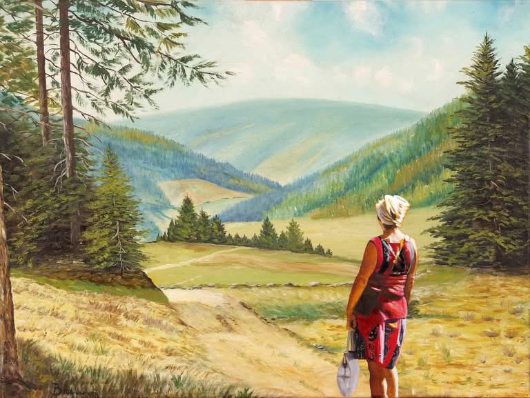 Frau blickt auf Berglandschaft, Jub Mönster Sie war keine Elizabeth die Zweite Öl auf Leinen 45 x 60 cm Unikat
