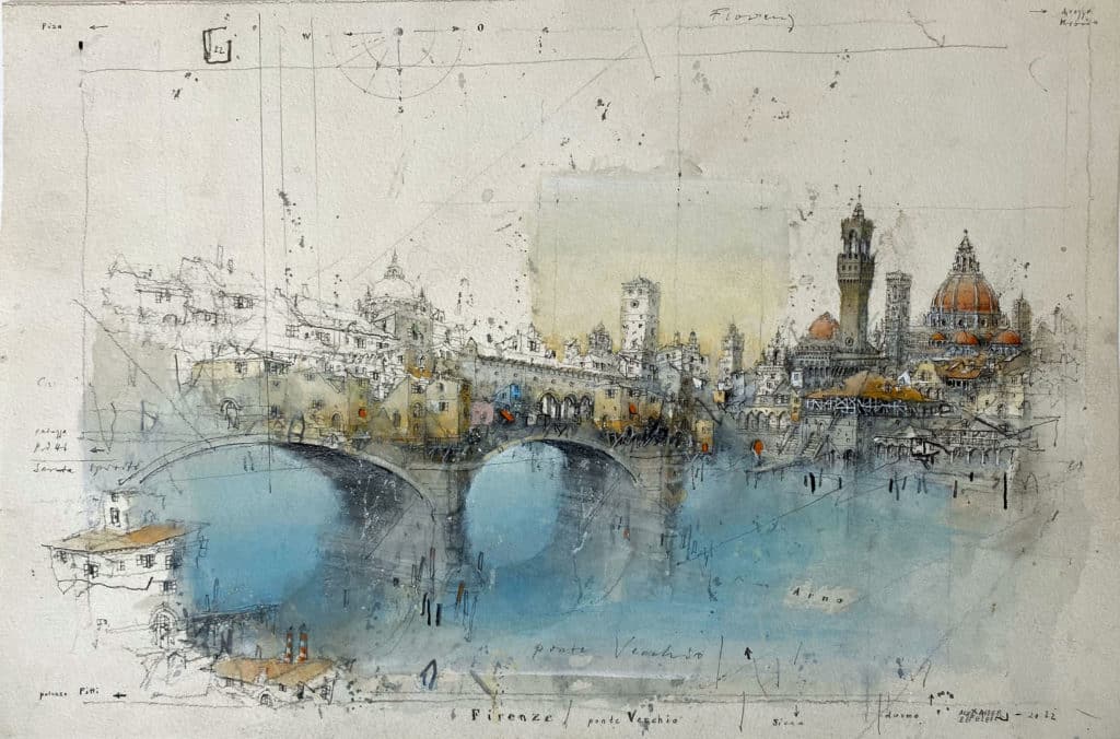 Alexander Befelein Florenz-Ponte Vecchio, 2023 Mischtechnik/Papier Maße 30,5 x 45,5 cm Unikat