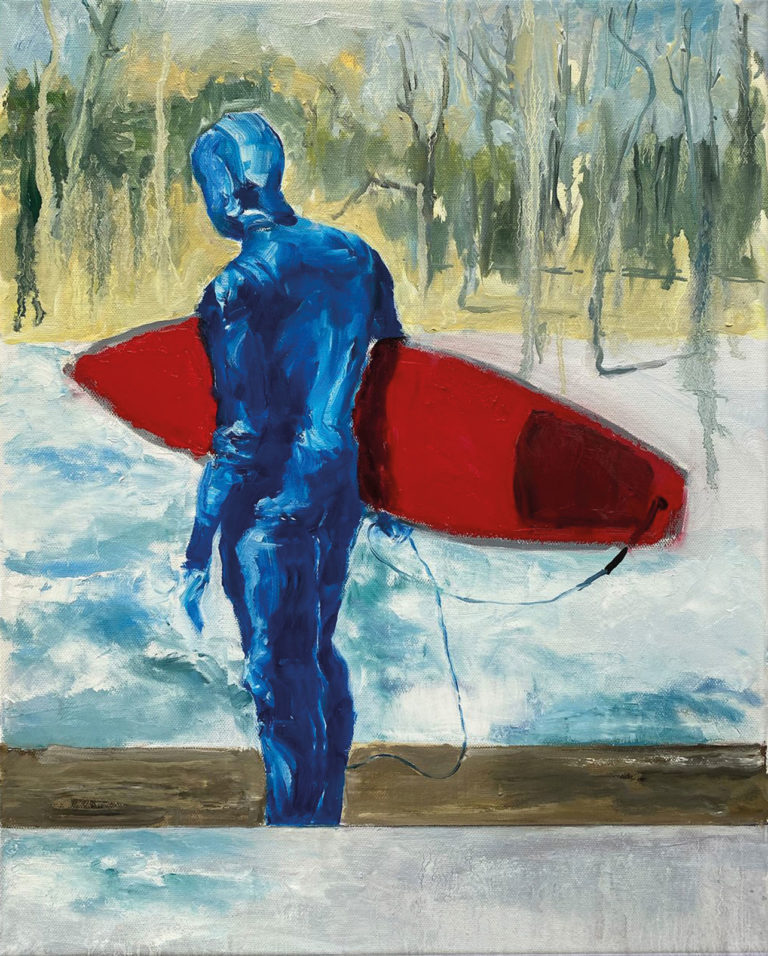 Markus Kurscheidt Blue (Wellenreiter am Eisbach in München) Öl/Leinwand 50 x 40cm Unikat