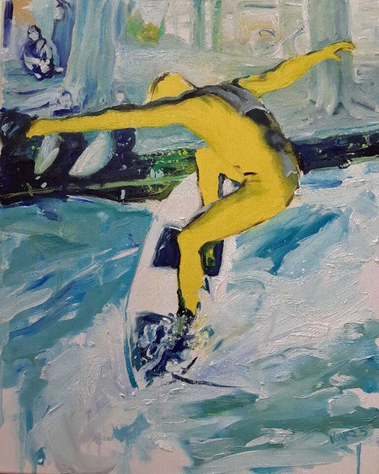 Markus Kurscheidt Eisbachsurfer (gelb) Öl/Leinwand 50 x 40 cm Unikat